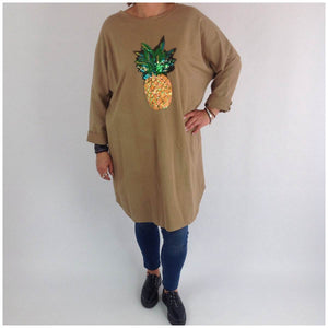 Thick Cotton Pineapple Tunic Top Dress  In Mocha