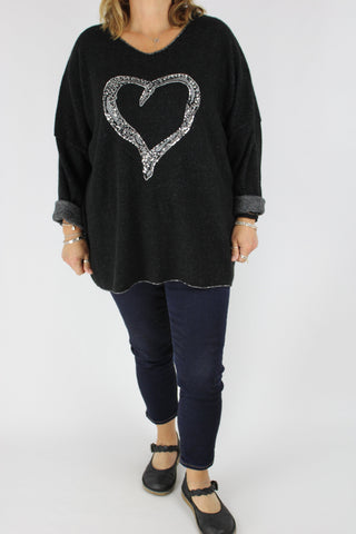 Cosy Long Sleeve Stretchy Jumper Top with Heart in Black Size 12 14 16 18 20 22 24