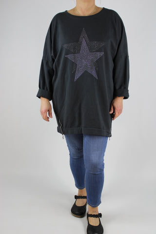 Made in Italy Cotton Sweatshirt Studded Star Tunic Size 12 14 16 18 20 in Charcoal