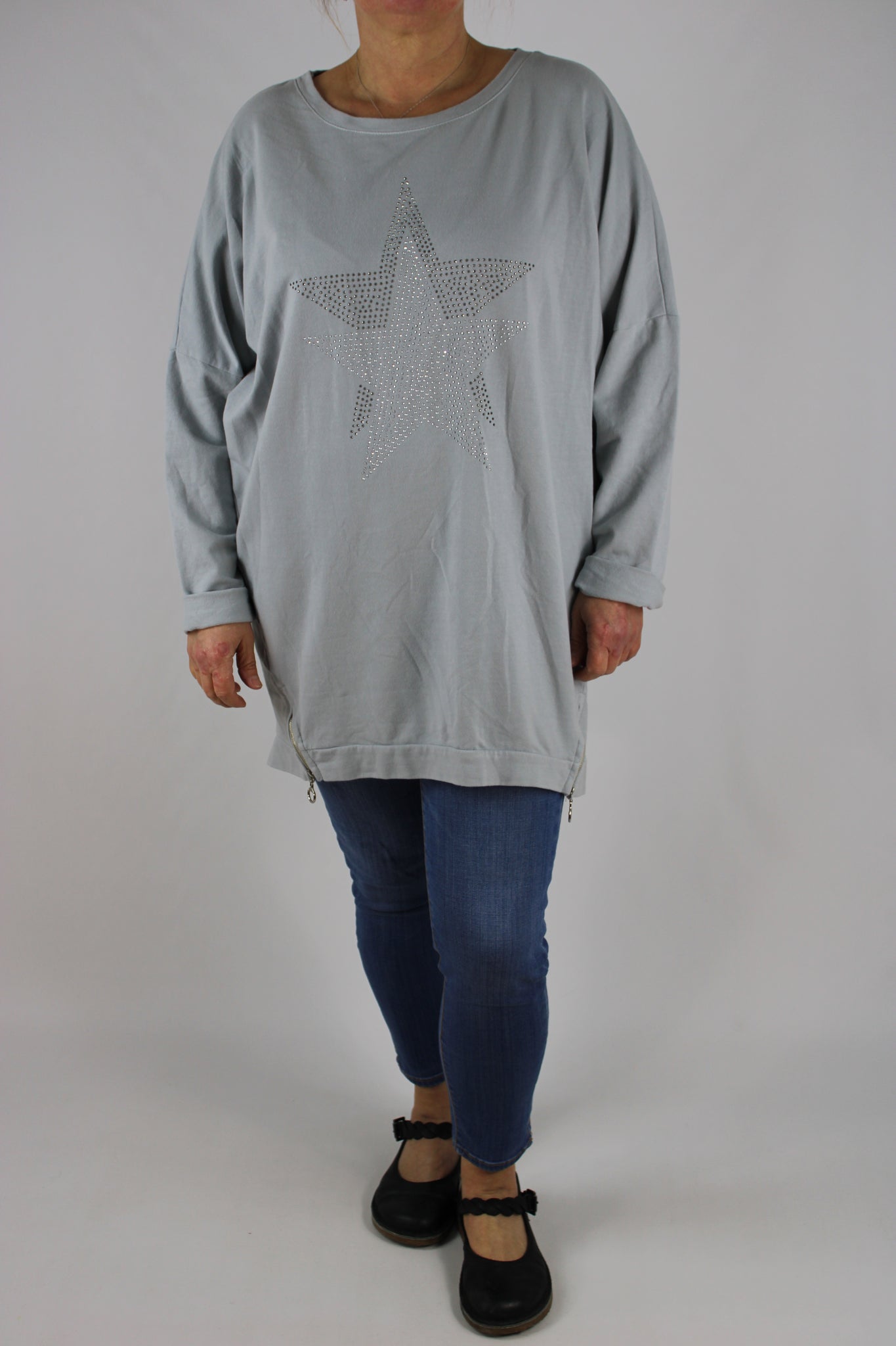 Made in Italy Cotton Sweatshirt Studded Star Tunic Size 12 14 16 18 20 in Light Grey