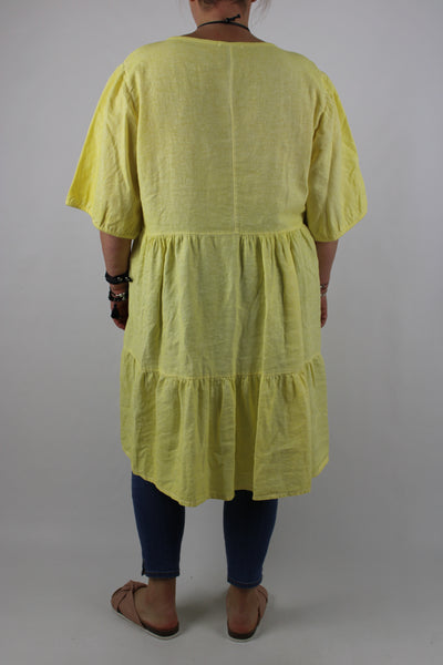 Made in Italy Washed Linen Mix Top Tunic Dress 12 14 16 18 20 22 in Yellow