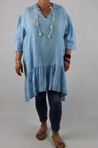 Linen Made in Italy Top Tunic Dress Broderie Plus Size 16 18 20 22 24 in Light Blue