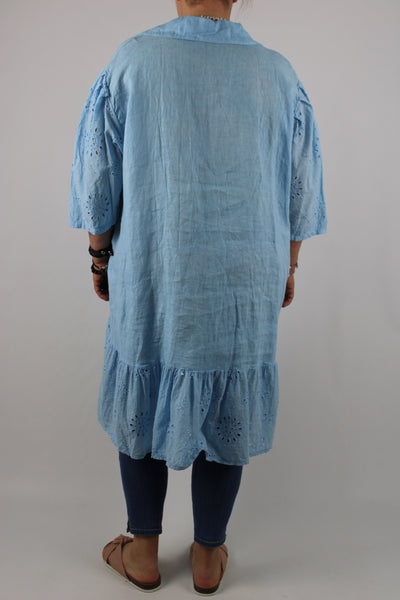 Linen Made in Italy Top Tunic Dress Broderie Plus Size 16 18 20 22 24 in Light Blue