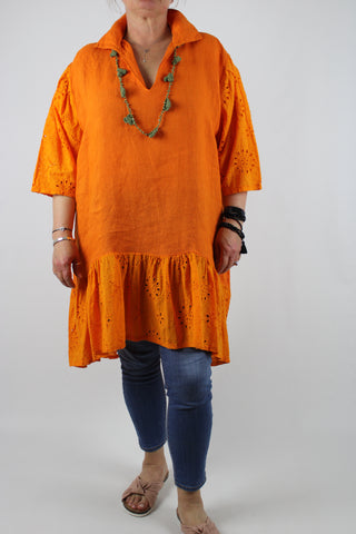 Linen Made in Italy Top Tunic Dress Broderie Plus Size 16 18 20 22 24 in Orange