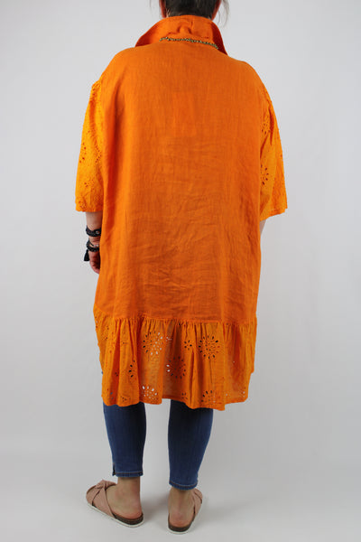 Linen Made in Italy Top Tunic Dress Broderie Plus Size 16 18 20 22 24 in Orange