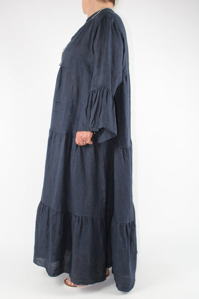 Linen V Neck Long Dress Size 16 18 20 22 24 in Navy Blue
