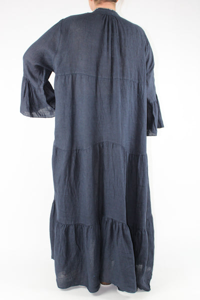Linen V Neck Long Dress Size 16 18 20 22 24 in Navy Blue