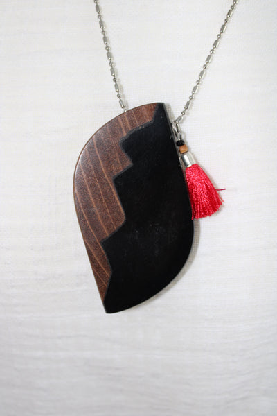 Lagenlook Short Wood and Resin Pendant on Chain With Tassel