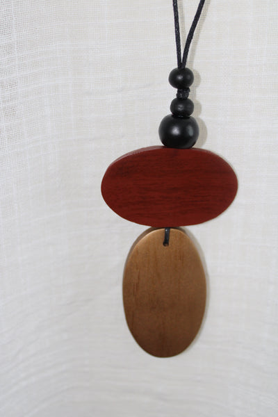 Lagenlook Long Wooden Necklace in Red and Wood 