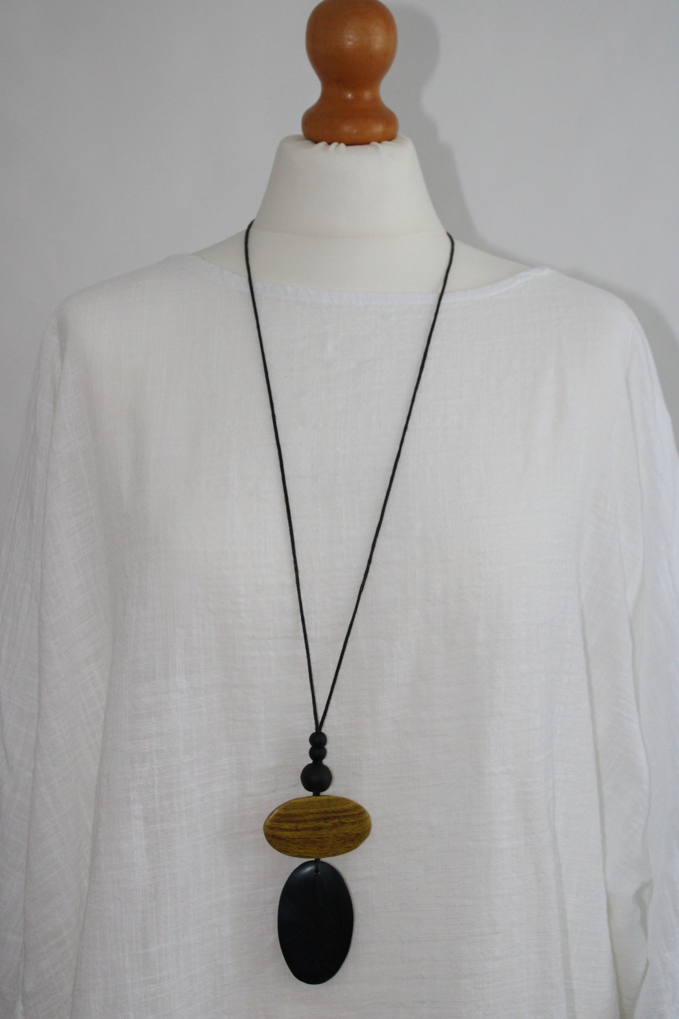 Lagenlook Long Wooden Necklace in Yellow and Blue