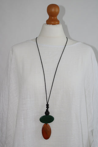 Lagenlook Long Wooden Necklace in Green and Orange