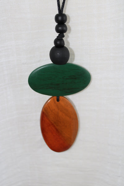 Lagenlook Long Wooden Necklace in Green and Orange