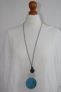 Lagenlook Long Wooden Triple Disc Necklace in Light Blue White and Grey