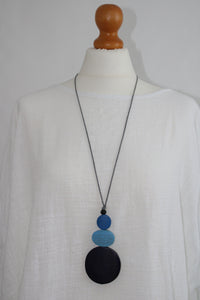 Lagenlook Long Wooden Triple Disc Necklace in Dark Blue Light Blue and Blue