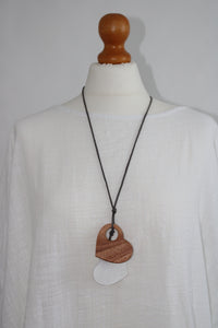 Lagenlook Long Double Wooden Heart Necklace in Natural and White