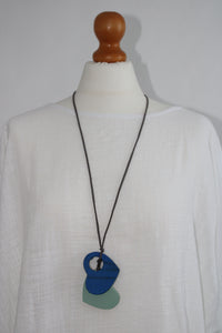 Lagenlook Long Double Wooden Heart Necklace in Blue and Mint