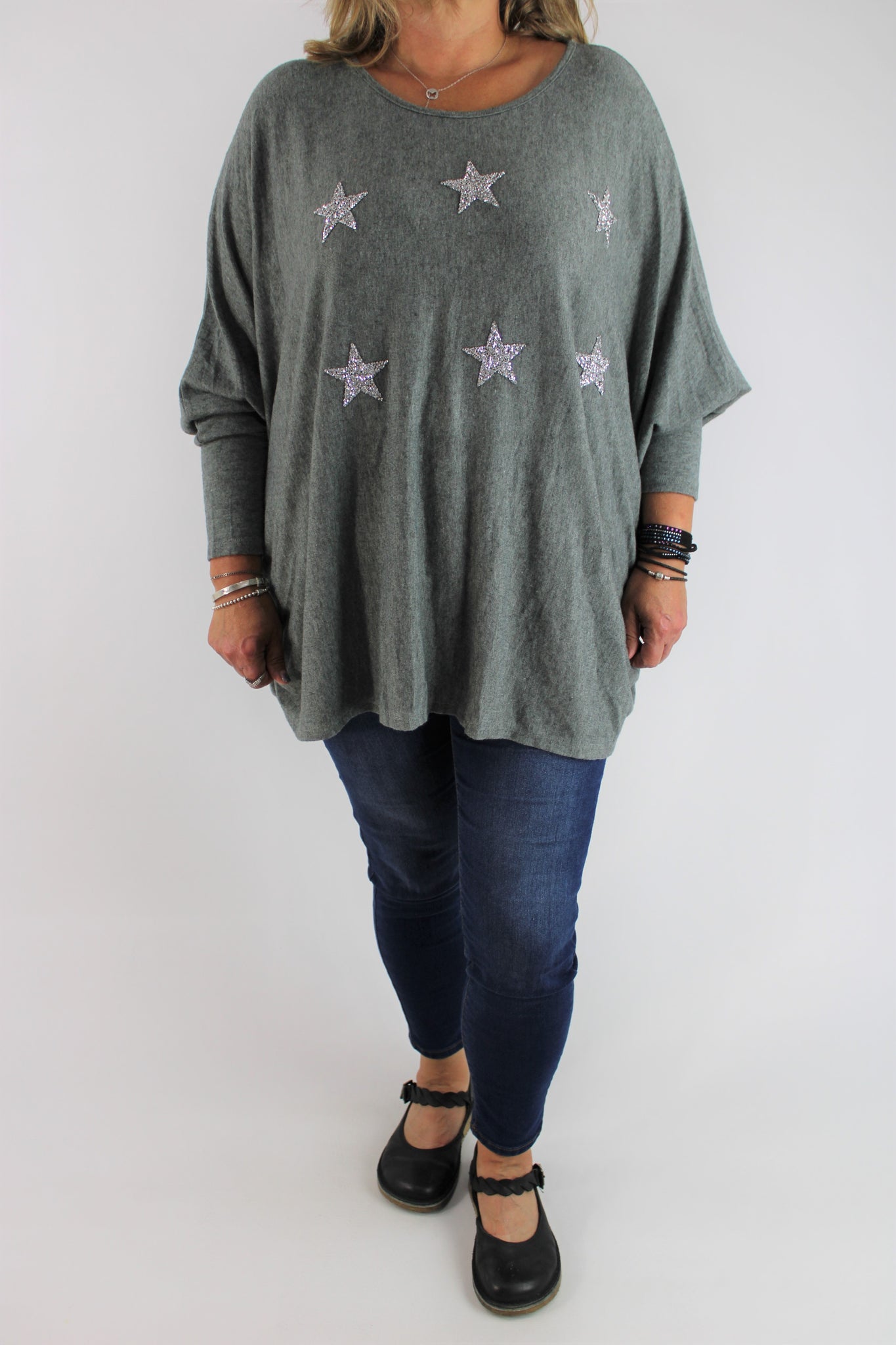 Cosy Long Sleeve Stretchy Sparkly Star Jumper Top Knitted Oversized Size 14 16 18 20 22 24 26 in Grey