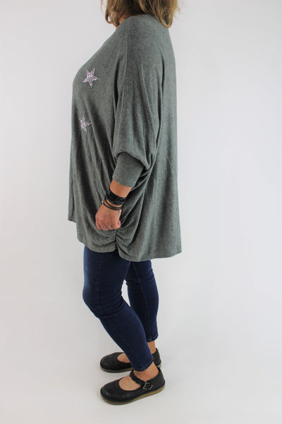 Cosy Long Sleeve Stretchy Sparkly Star Jumper Top Knitted Oversized Size 14 16 18 20 22 24 26 in GreyCosy Long Sleeve Stretchy Sparkly Star Jumper Top Knitted Oversized Size 14 16 18 20 22 24 26 in Grey