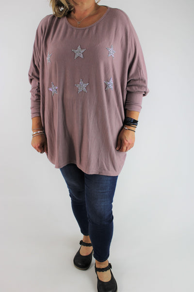 Cosy Long Sleeve Stretchy Sparkly Star Jumper Top Knitted Oversized Size 14 16 18 20 22 24 26 in Powder Pink