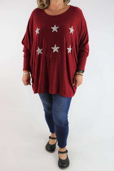 Cosy Long Sleeve Stretchy Sparkly Star Jumper Top Knitted Oversized Size 14 16 18 20 22 24 26 in Burgundy