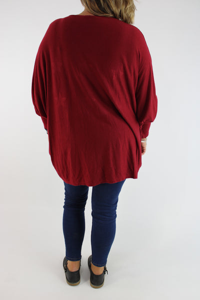 Cosy Long Sleeve Stretchy Sparkly Star Jumper Top Knitted Oversized Size 14 16 18 20 22 24 26 in Burgundy